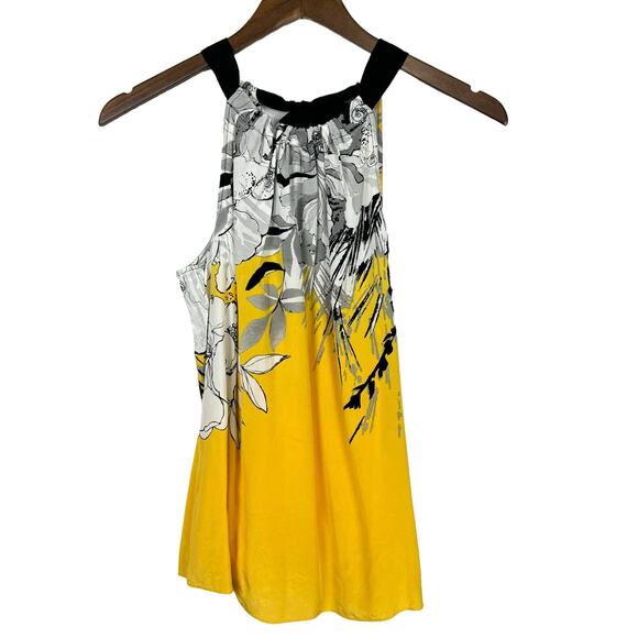 T Tahari Yellow & Black Floral Print 100% Silk Sleeveless Halter Neck Blouse - Picture 3 of 9